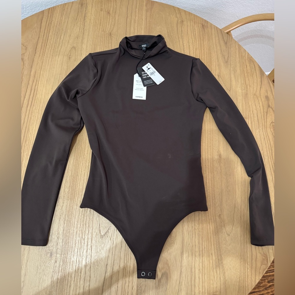 Brown Express Body Contour High Compression Mock Neck Long Sleeve Bodysuit Small